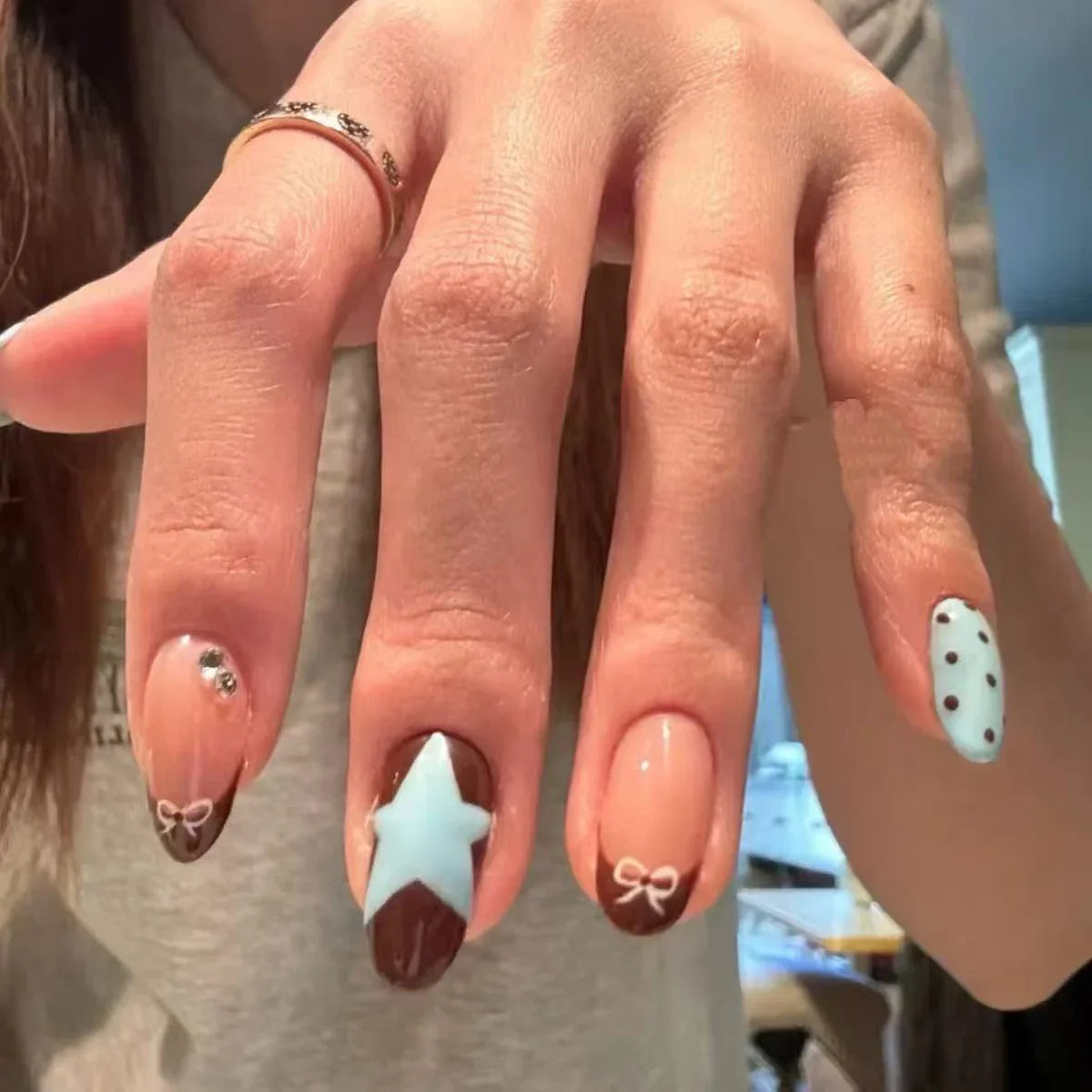 10pcs Handmade French Short Press On Nails Blue Brown Polka Dot Bow Star Design Fake Nail Wearable Nail Art Tips
