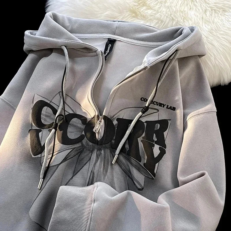 Slimming Effect Oversize Hoodie Loose Fit Printed Bubble Jacket Student Open Cardigan Outerwear Polyester Fiber