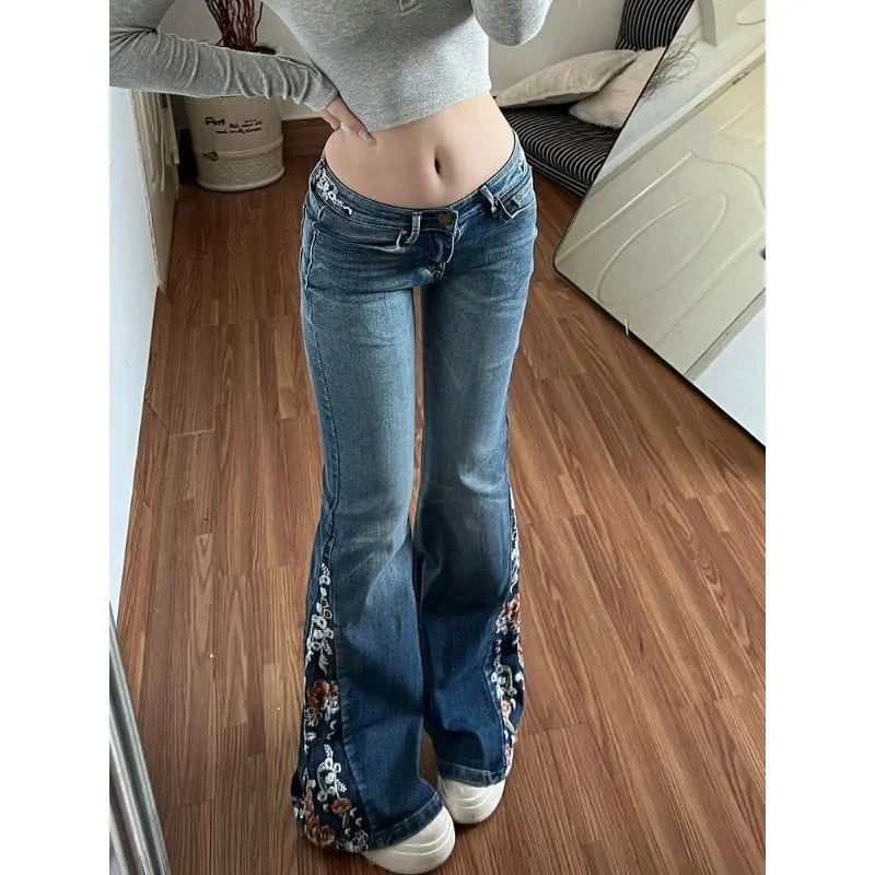 American Niche Floral Embroidered Washed Jeans Y2K Millennial Retro Street Casual Harajuku Girl Micro-flare Slim Jeans