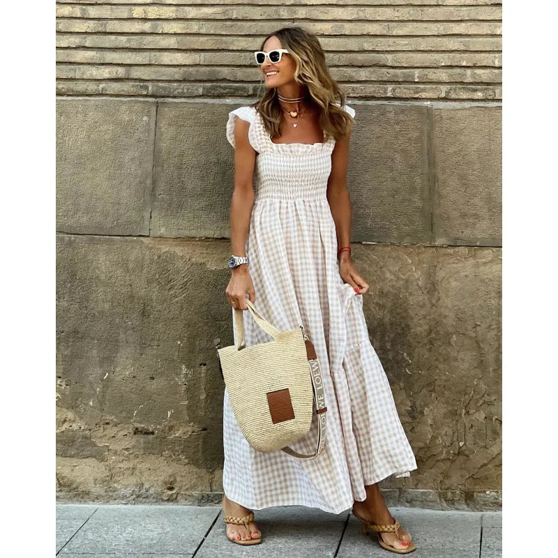 Elegant Plaid Slip Maxi Long Dress Strapless Ruffle Backless Pleated Elastic Waist Boho Party Swing Loose Dresses