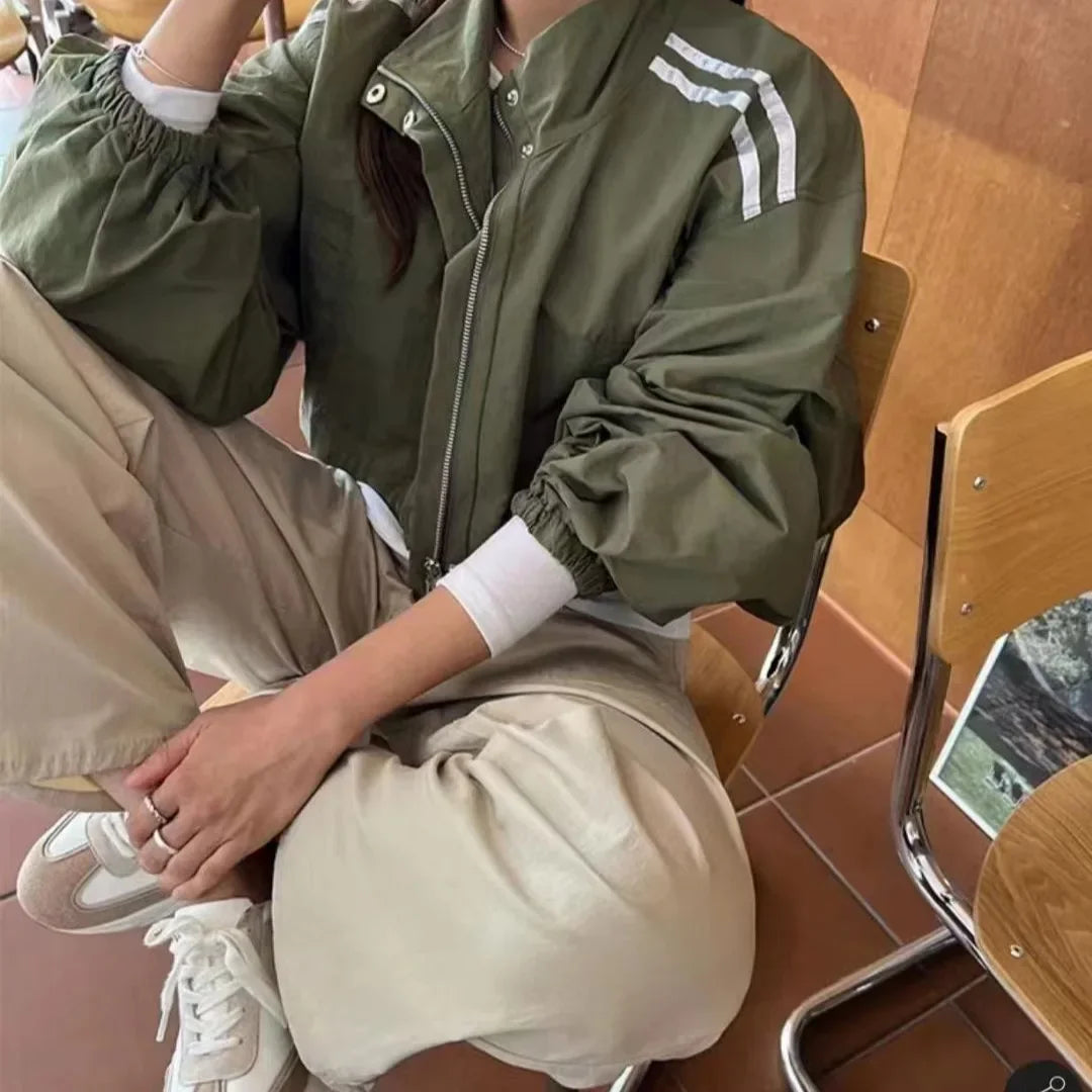 Loose Stand Collar Striped Design Two Bars Korean Chic Jacket Versatile Outerwear Full Sleeve Korean Style