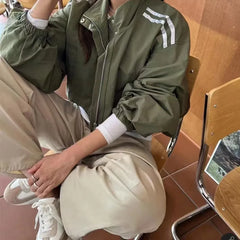 Loose Stand Collar Striped Design Two Bars Korean Chic Jacket Versatile Outerwear Full Sleeve Korean Style