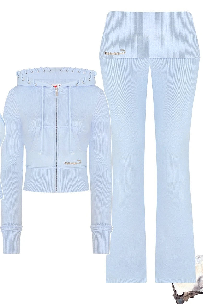 Y2K American Sportswear Two Piece Set Casual Blue Yoga Suit Short Skirt Slim Fit Hooded Sweatshirt Casual Sports Pants