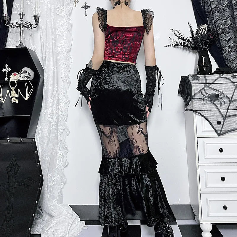 Goth Dark Ruched Vintage Gothic Velvet Skirts Grunge Mesh Splice Mermaid Skirt High Waist Elegant Partywear