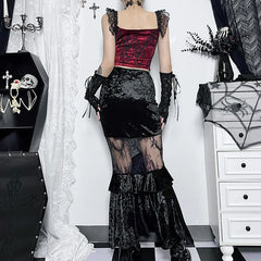 Goth Dark Ruched Vintage Gothic Velvet Skirts Grunge Mesh Splice Mermaid Skirt High Waist Elegant Partywear