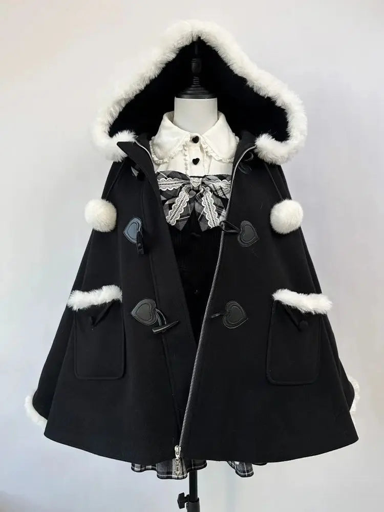 Black Cape Coat Loose Hooded Zipper Overcoat Elegant Casual Gothic Christmas Shawl Clothes