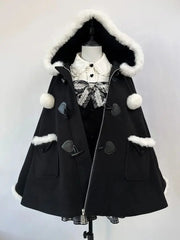 Black Cape Coat Loose Hooded Zipper Overcoat Elegant Casual Gothic Christmas Shawl Clothes