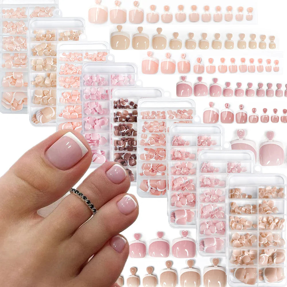 120pcs/Box 9 Styles French Fake Press On Toenails Short Square Nude Pink French Glossy False Toe Nail Full Cover Toe Tips