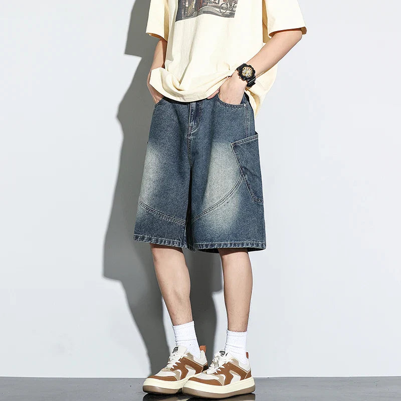 Baggy Denim Shorts Casual Straight Harajuku Jeans Male Vintage Wash Drawstring Short Pants Streetwear
