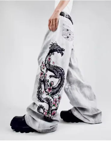 Unisex White Red Tribal Flame Print Loose Wide Leg Jeans Y2K Grunge Streetwear Oversized Denim Pants
