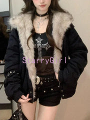 Elegant Liner Fur Loose Coat Y2k Fur Collar Hood Thick Parkas Casual Outerwear Cotton Padded Jackets