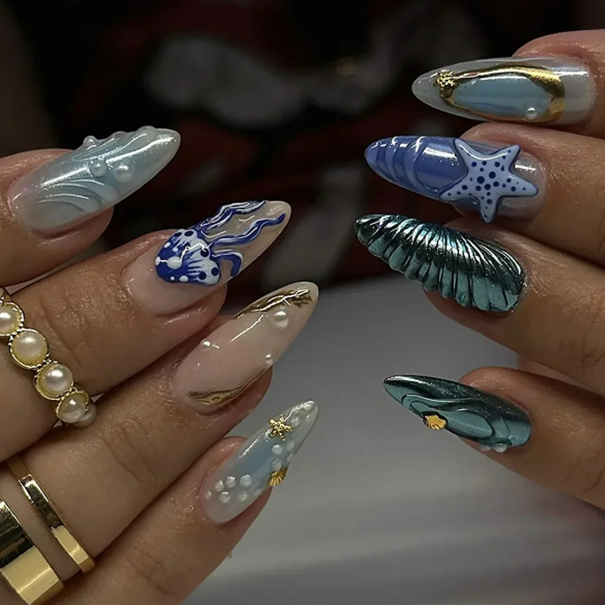 Fish Scale Glitter Powder Long Pointed Fake Nail Shell Pearl Cat Eye Starfish Ripple False Nails Art Charm Press on Nails