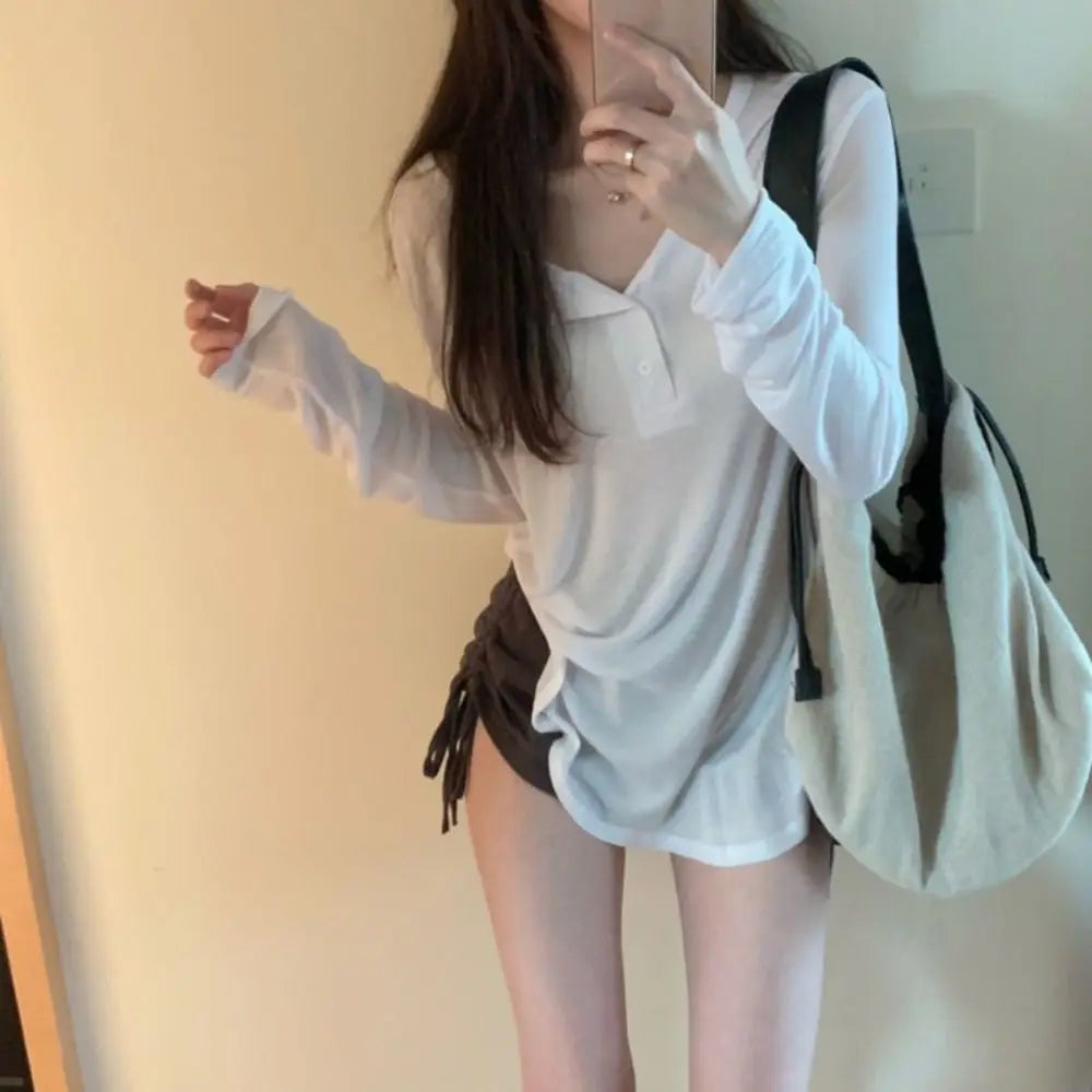 Korean Y2k Tank Top Long Sleeve V Collar Crop Top Button Sun Protection Frock Lady