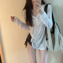 Korean Y2k Tank Top Long Sleeve V Collar Crop Top Button Sun Protection Frock Lady
