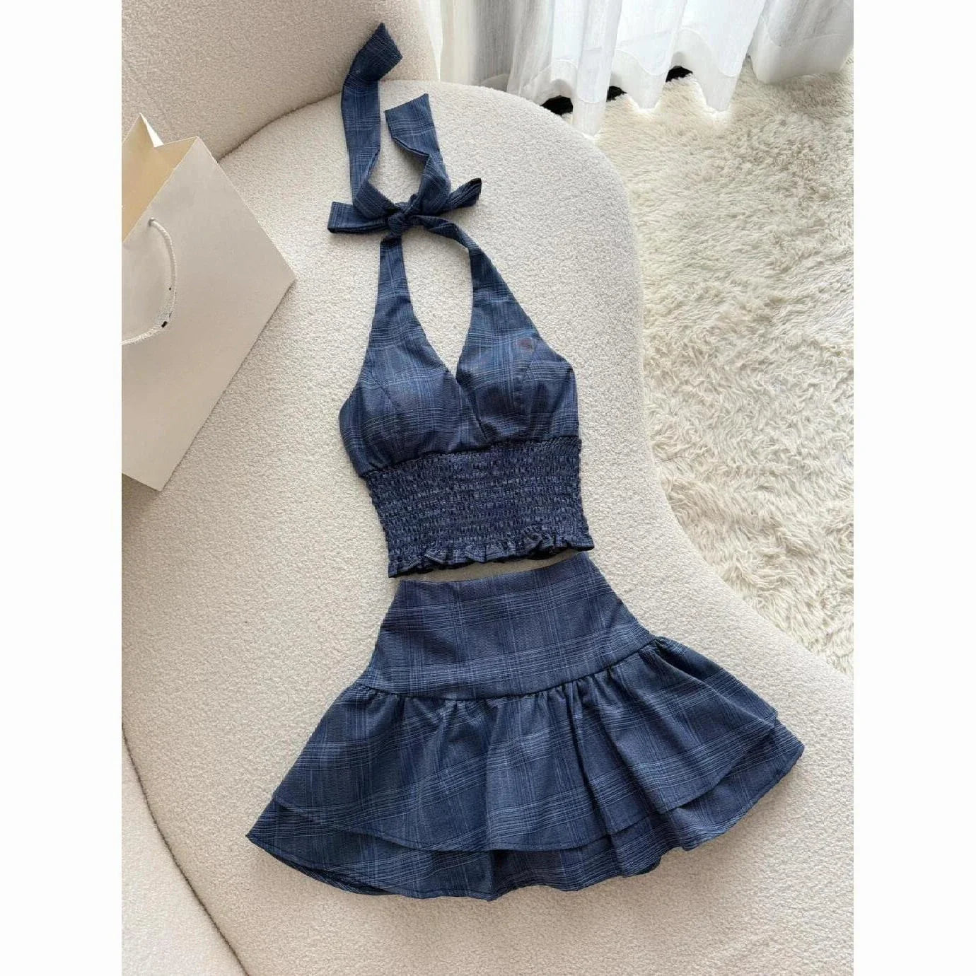 Retro Street Washed Denim Two-Piece Skirt Set Hip Hop Harajuku Goth Halves Neck Top Mini Pleated Skirt Trendy Set