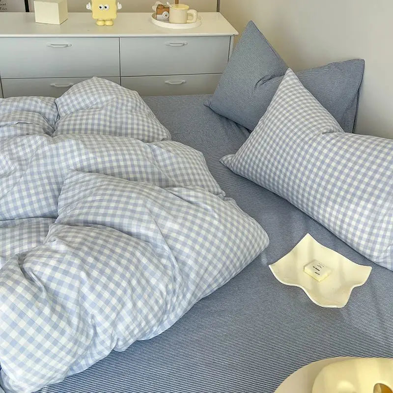 Ins Pink Plaid Bedding Set No Filler Twin Queen Size Comforter Cover Flat Sheet Pillowcase Girls Boys Solid Blanket Duvet Duvet
