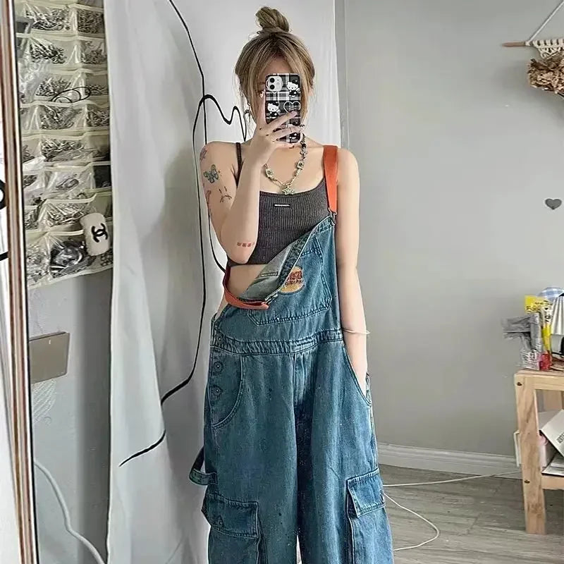 Cool Girl Style Embroidered Spicy Ink Denim Strap Jumpsuits /Large Loose