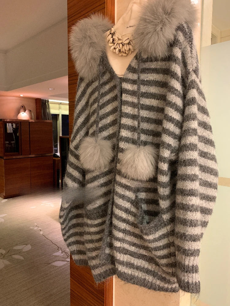 Harajuku Long Sleeve Hooded Cardigan Knit Casual Sweet Striped Sweater Pure Color Faux Fur Collar Streetwear