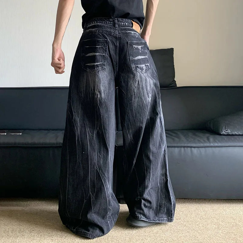 Korean Vintage Jeans Lightning Pattern Design Loose Straight Leg Pants Casual Black Pants
