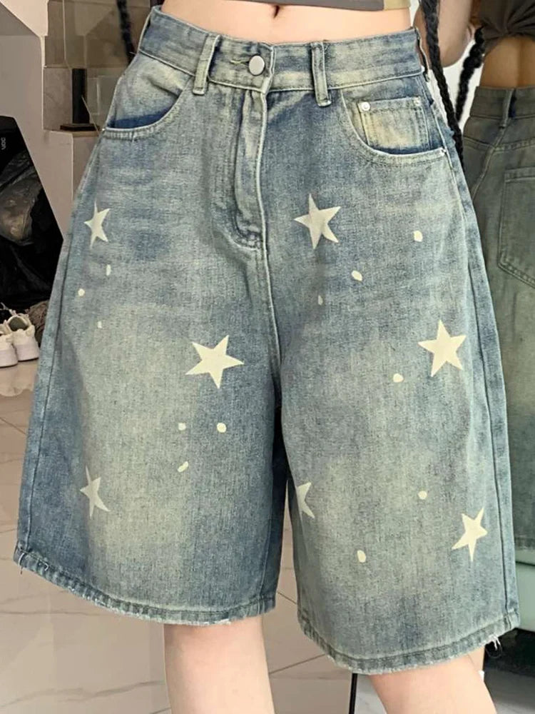 High Waist American Retro Washed Wide Leg Jeans Girls Street Do Old Star Loose Denim Pants Blue Knee Length Shorts
