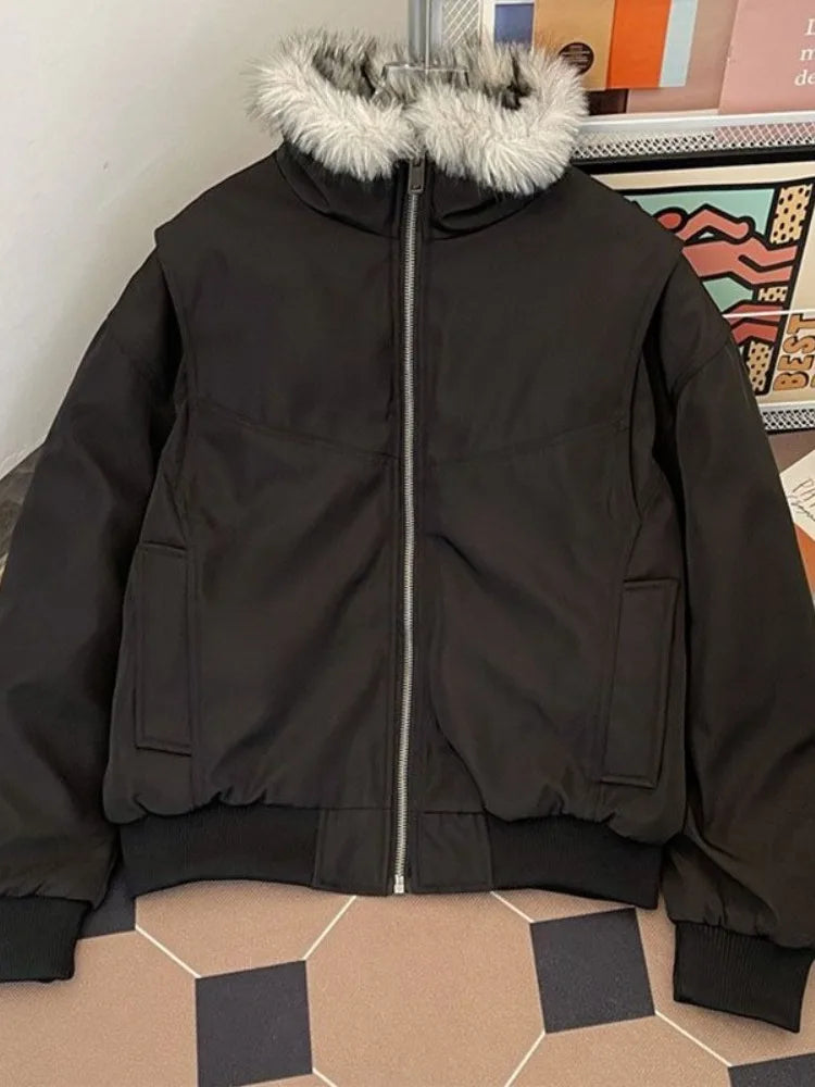 Elegant Fur Colloar Loose Coat Y2k Warm Hoodies Thicken Parkas Casual Outerwear Cotton Padded Jackets