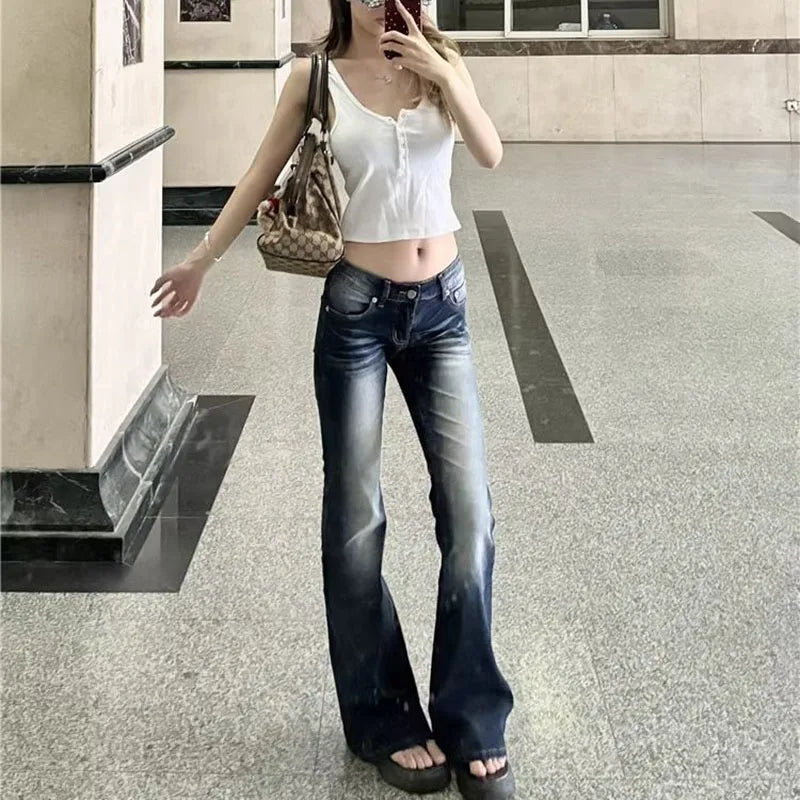 Washed Denim Flares Pants Korean Style Low-Waist Slimming Wide Leg Jeans Streetwear Slim Y2K Trousers