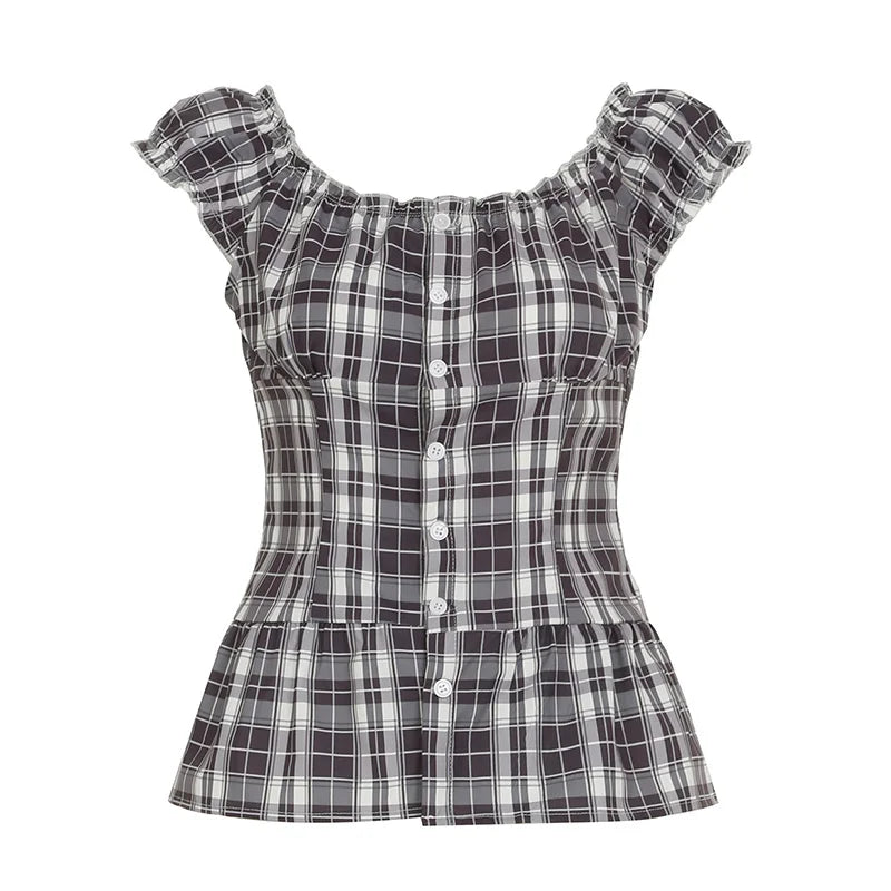 Rockmoer Tartan Plaid Sweet Slim Blouse