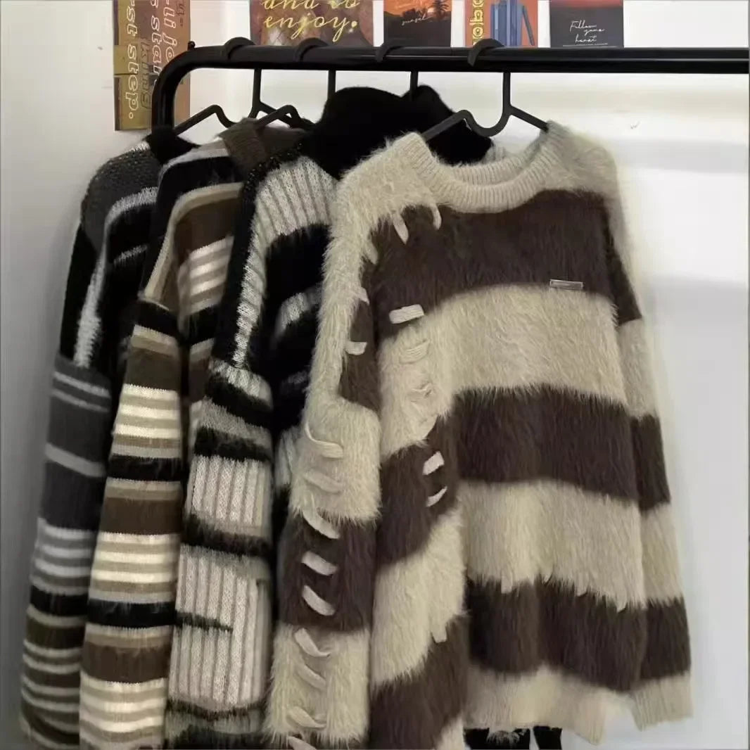 Soft Faux Mink Stripe Color Block Sweater Loose Design Lazy Style Knitted Top Thick Suitable