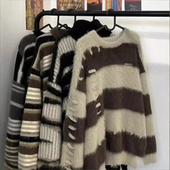 Soft Faux Mink Stripe Color Block Sweater Loose Design Lazy Style Knitted Top Thick Suitable