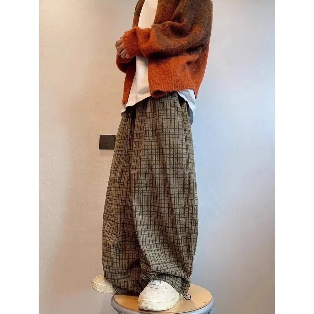 Retro American Canvas Straight Leg Pants Fine Plaid Design Sensation Small Audience Wide Leg Casual Trousers