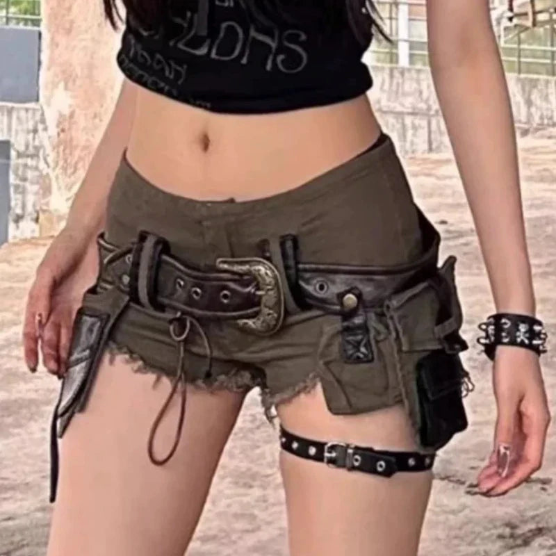American High Street Y2k Babes Mini Shorts Vintage Wasteland Style Cargo Denim Pants Retro Low Rise Pants