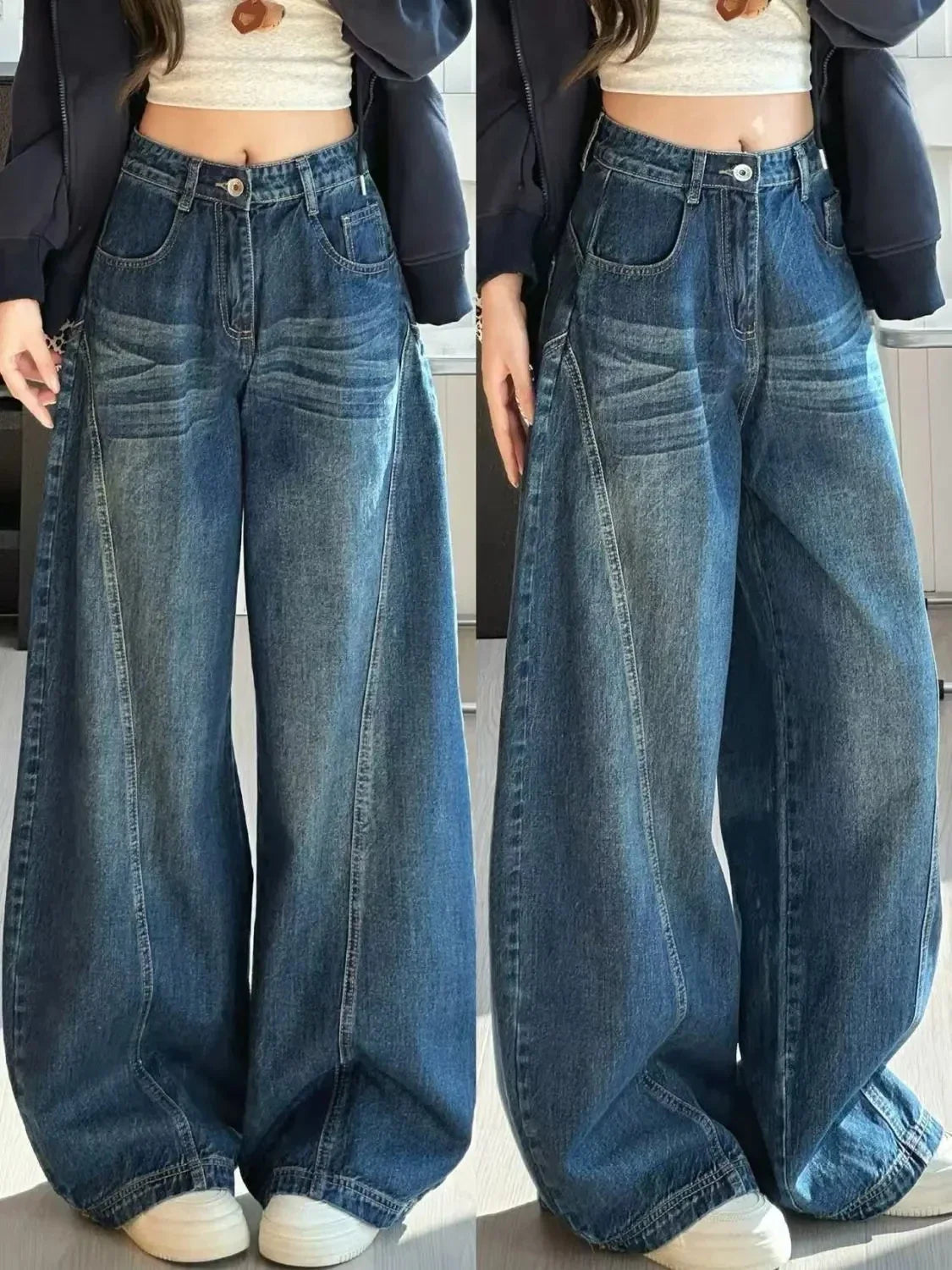 Blue High Street Wide Leg Jeans Loose Slimming Drapey Straight Floor-Length Pants Ladies Denim