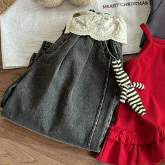 UNITIM 2-8Yrs Kids Girls Jeans Loose Lace Patchwork Children Girls Straight Pants Casual Trendy Infant Babys Girls Denim Pants