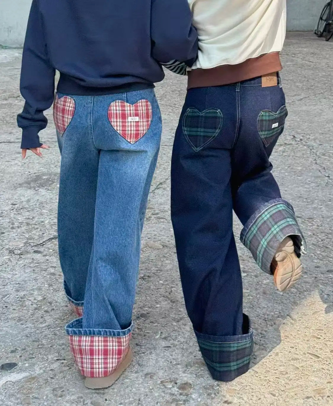 Korean Style Harajuku Styleable Heart-shaped Checkered Patch Jeans High Street Couple Checkered Flared Wide Leg Jeans