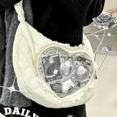 Pink Cute Shoulder Bag Pleated Love Heart Lolita Jk Ita Bag Drawstring Ballet Style Sweet Handbag
