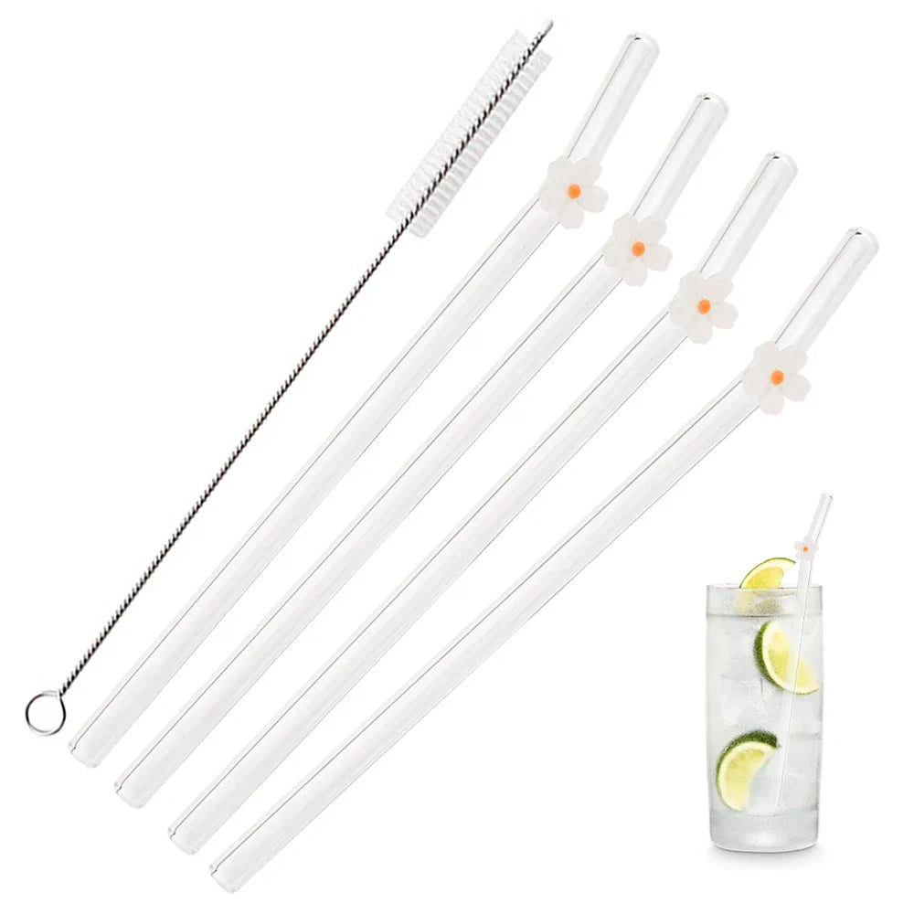 5Pcs 8mm Glass Straw Reusable Drinking Straws Cute Flower Heat-Resistant Straw