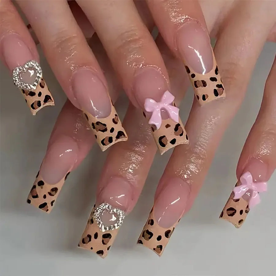 24Pcs Long Coffin Leopard Print False Nails with Glue Sweet Cool Diamond Fake Nail Set Floral French Press on Wearable Nail Tips