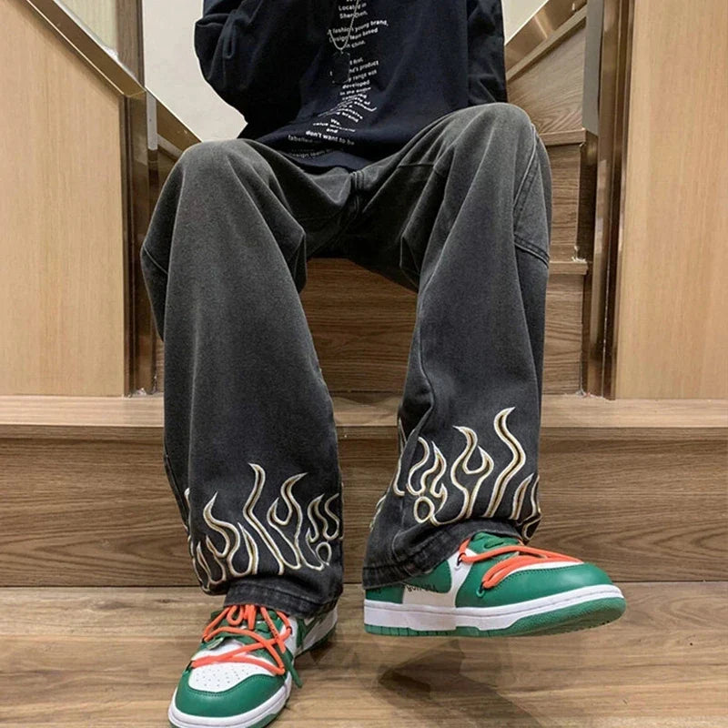 Flame Embroidery Jeans Neutral Wide Leg Denim Trousers Loose Straight Jeans Youth Casual Baggy Hip Hop Pants