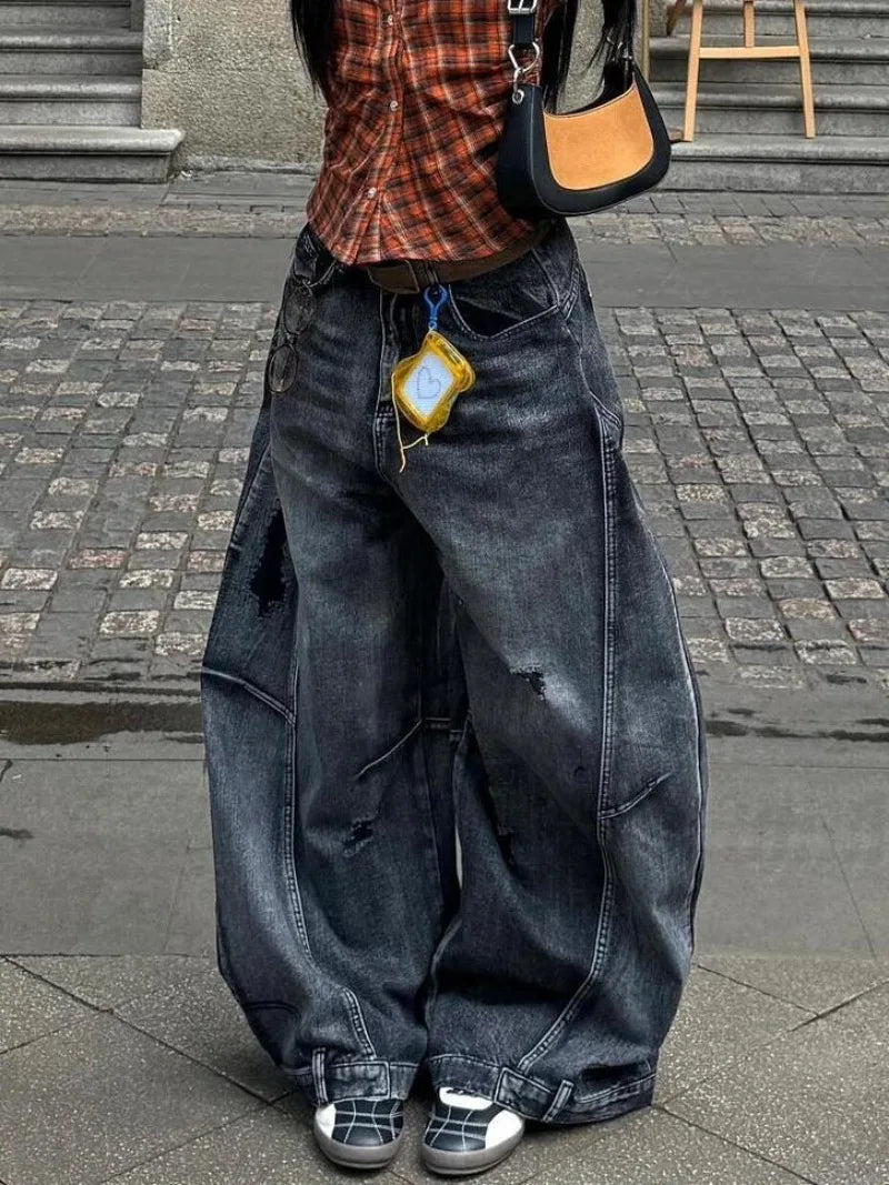 American Street Hip Hop Black Wash Machete Jeans Y2K Retro Old Ripped Loose Spice Girls Harajuku Casual Wide Leg Jeans