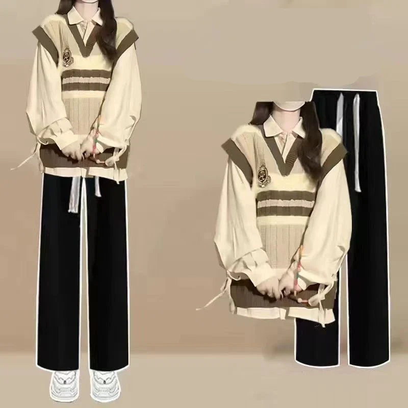 Preppy Style Knit Vest Bandage Shirts Wide Leg Pants Three Piece Set Lady Patchwork Tank Sweater Jeans Suits
