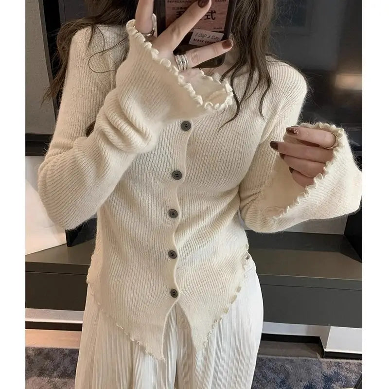 Deeptown Y2k Grey Vintage Kint Sweater Harajuku Long Sleeve Cardigan Irregular Korean Slim Jerseys Casual