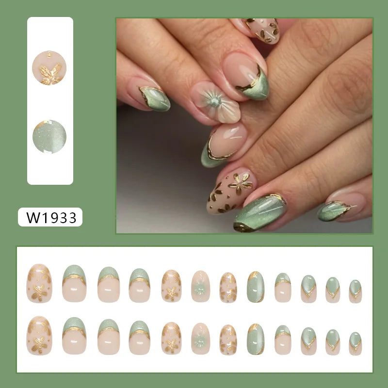 24pcs False Nails Glossy Green Almond Fake Nail Tips Wearable Detachable Flower Print Press on Nails