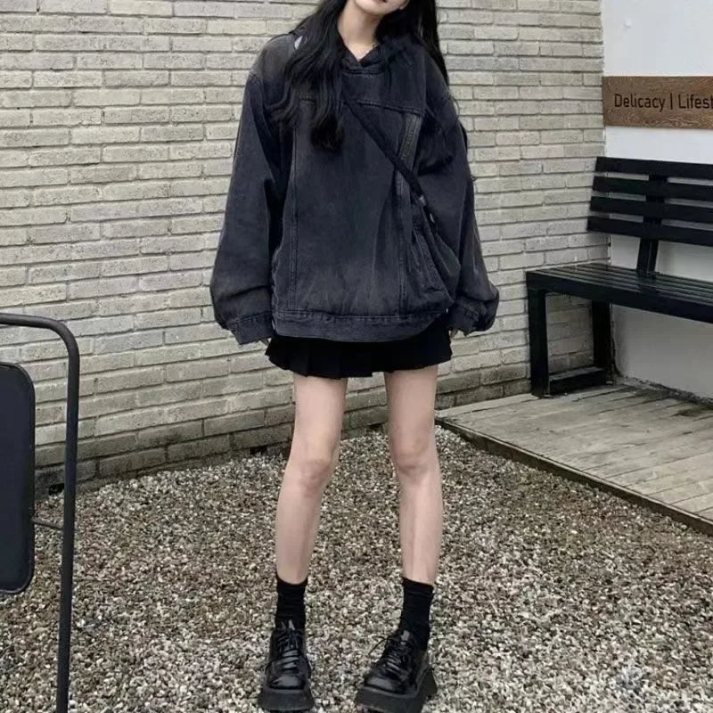 American Style Vintage Denim Sweatshirt Jacket Loose Fit Hooded Pullover Sweatshirt Trendy Arrival
