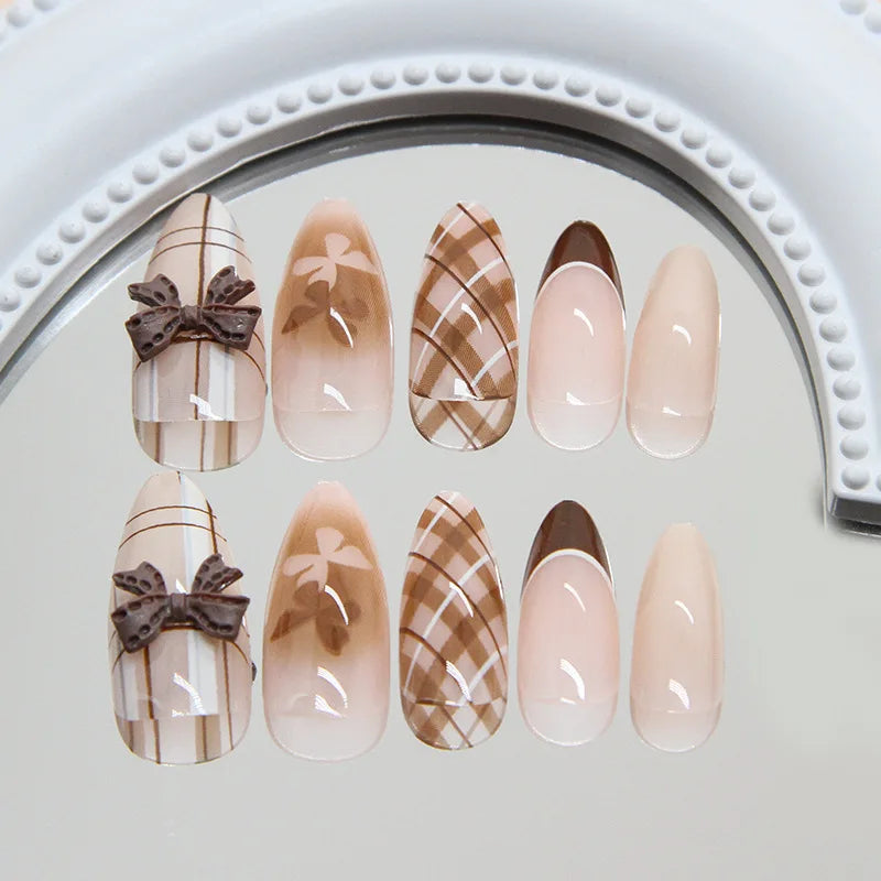 24Pcs Brown Plaid Press on Nails French Bow False Nail Medium Almond Atmosphere Wearable Nail