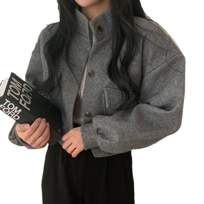 Loose Woolen Coat Large Size with Pockets Small Stand Collar Long Sleeve Button Hong Style Clothing