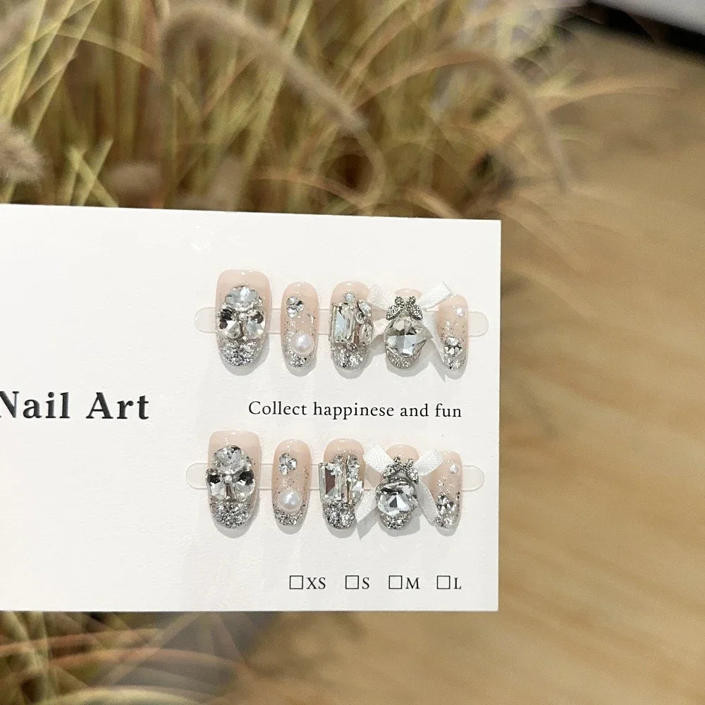 Sweet Lovely Cartoon Bear Long Coffin Stiletto Fake Nails Bowknot Pearl Diamond Flowers Cat Eyes Wearable Fake Nails