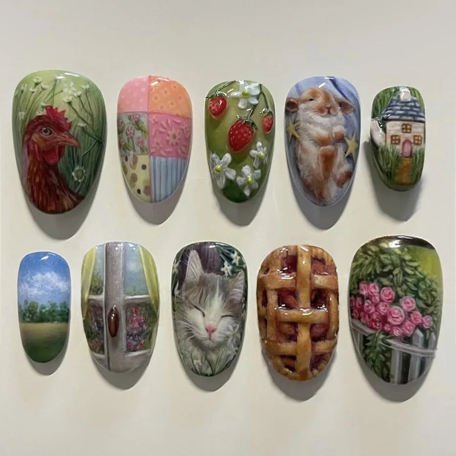 24pcs Flower Print Press on Nails Wine Red Blush Almond False Nail Tips Wearable Reusable Spicy Girl Fake Nails