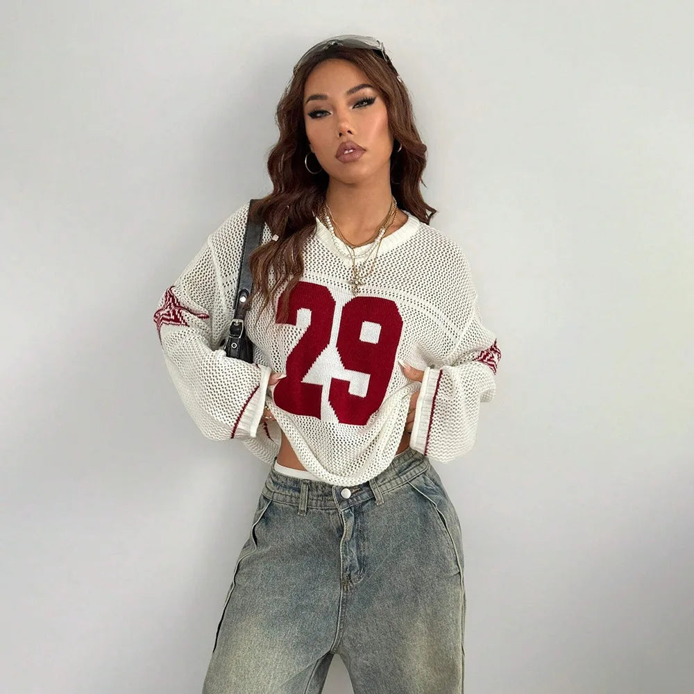 Y2K Style Sports Jersey Knitted Topsable Digital Printed Round Neck Long Sleeve Jumper Street Trend