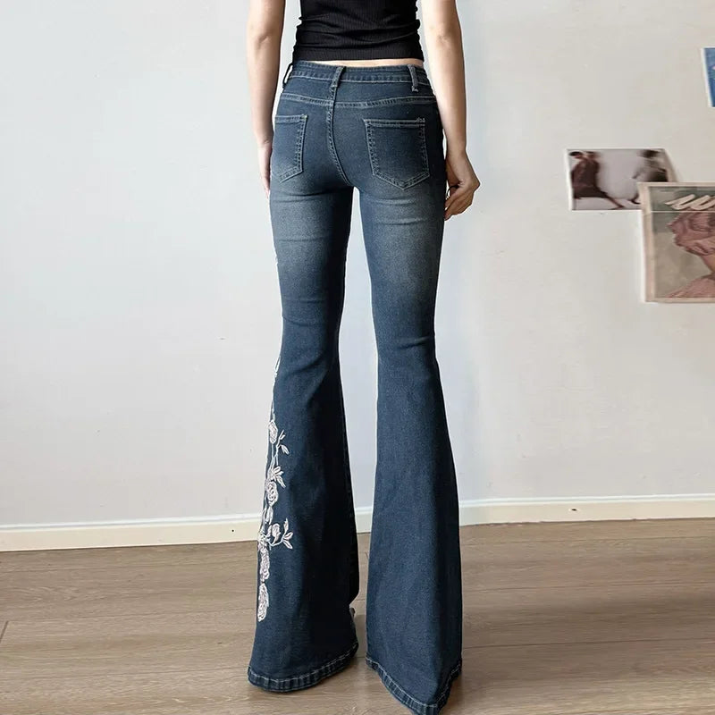 Retro Y2k Jeans Baggy Floral Embroidery Jeans Vintage 2000s Low Rise Flared Denim Pants High Street Basic Trousers