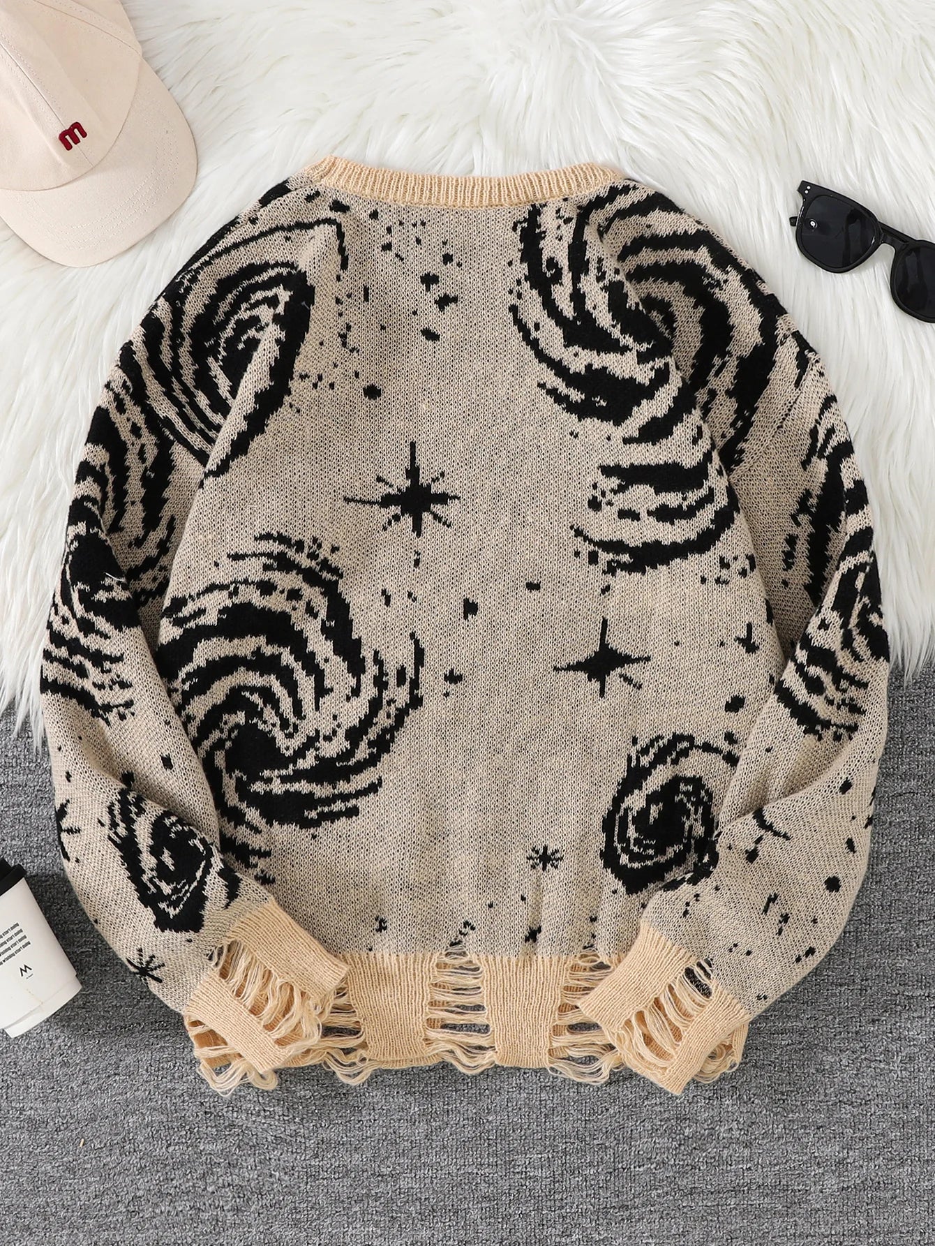 Trendy Street Style Ripped Abstract Starry Sky Pattern Pullover Ripped Sweater Casual Crew Neck Knitted Pullover